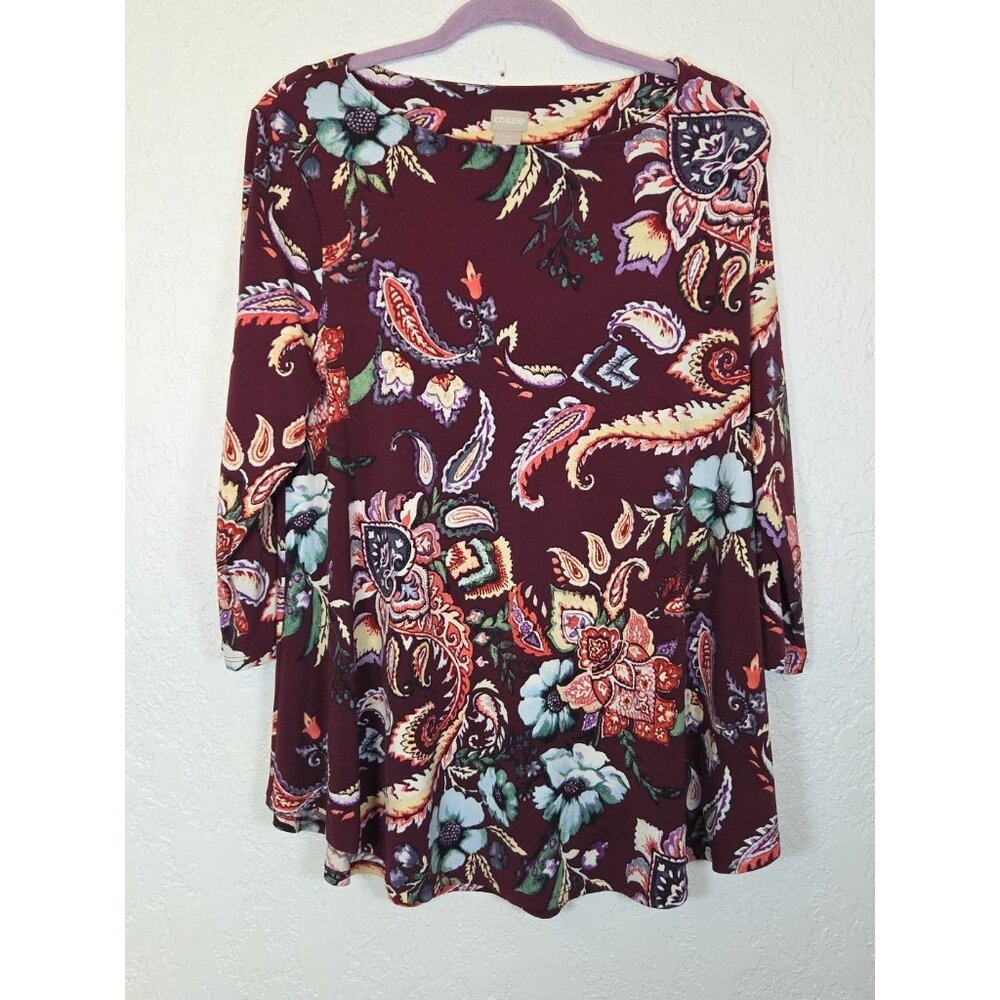 Chicos Tunic Top Sz 2 Large Paisley Floral Plum 3/4 Sleeve Shirt Flowy